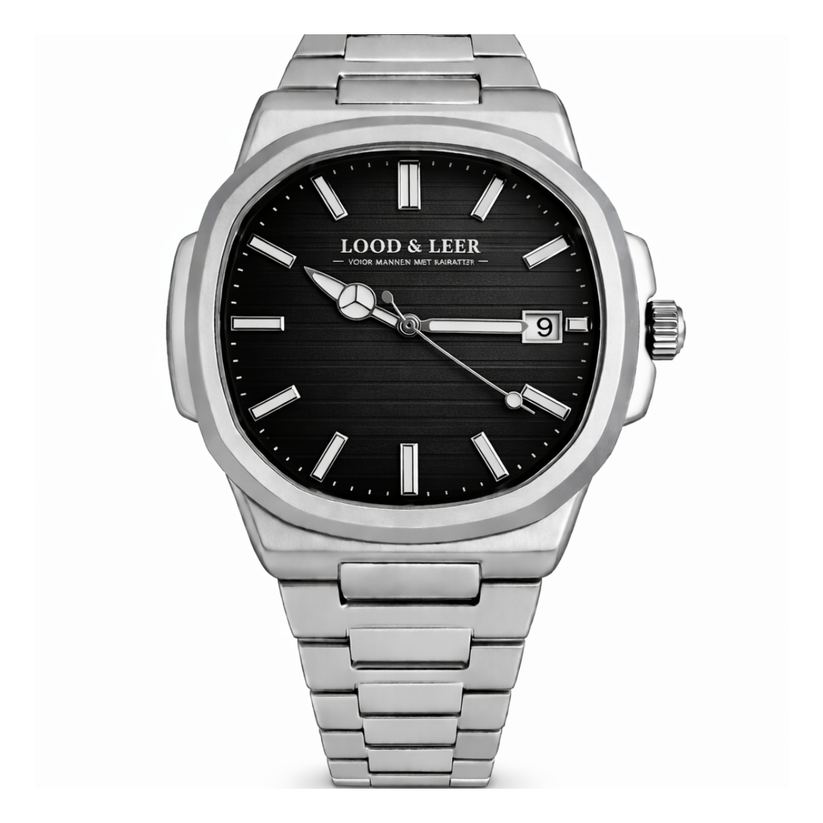 Heren horloge met zwarte wijzerplaat en datum markering van Lood en Leer