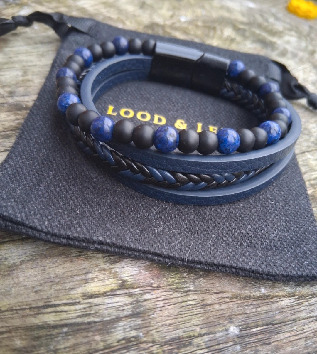 Sodaliet & Onyx – Leren Armband Set (4-delig)