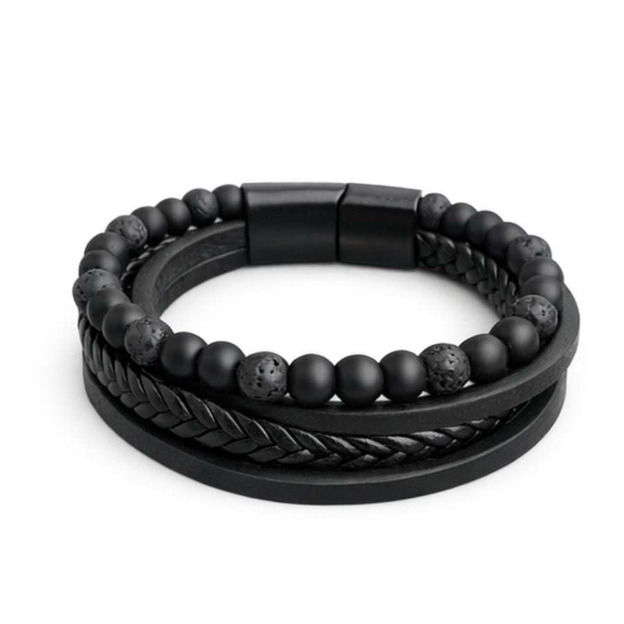 Leren Armband met Lava en Onyx. Lood en Leer.