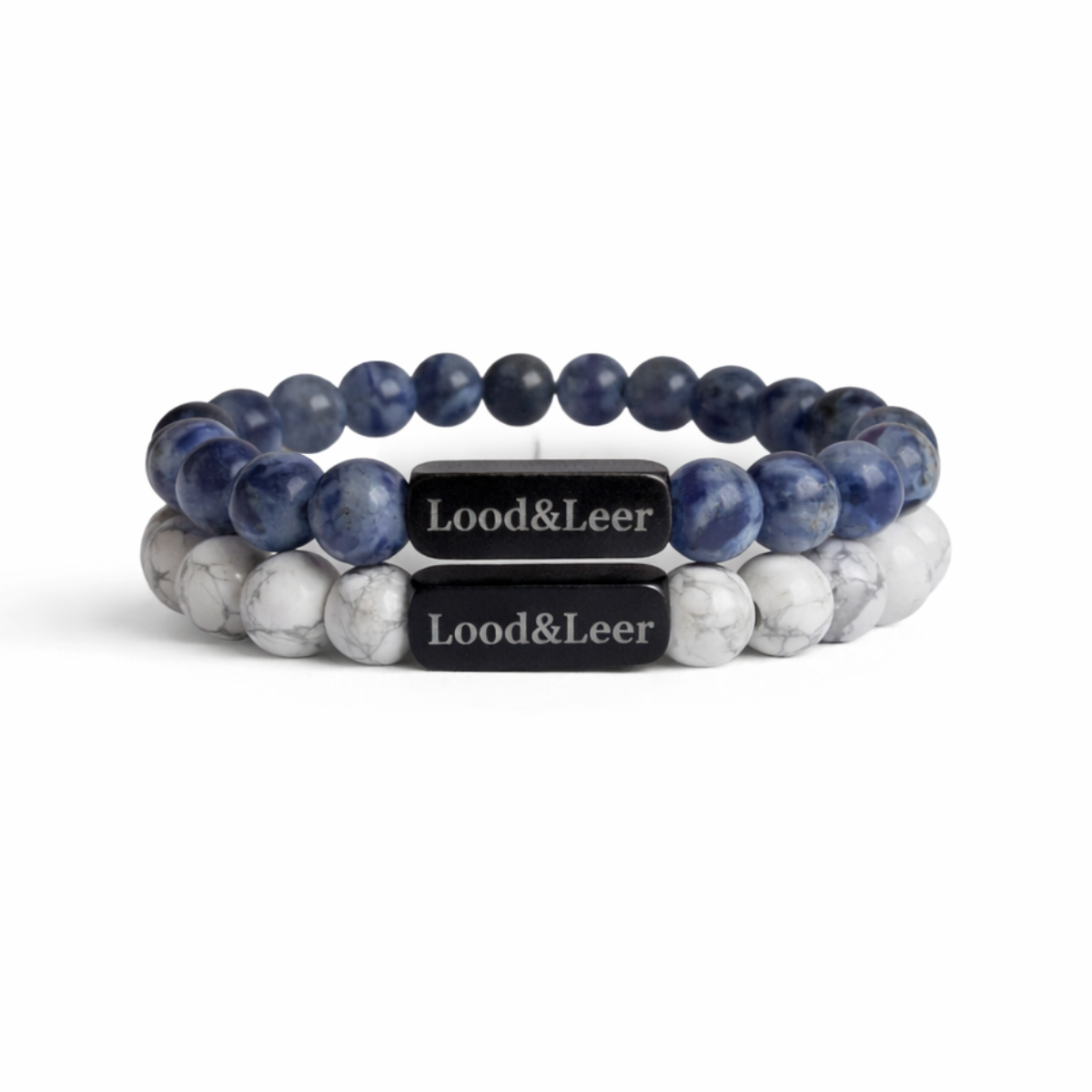 Natuursteen Armbanden Set van Howliet en Sodaliet. Lood en Leer Premium Armbandenset. 