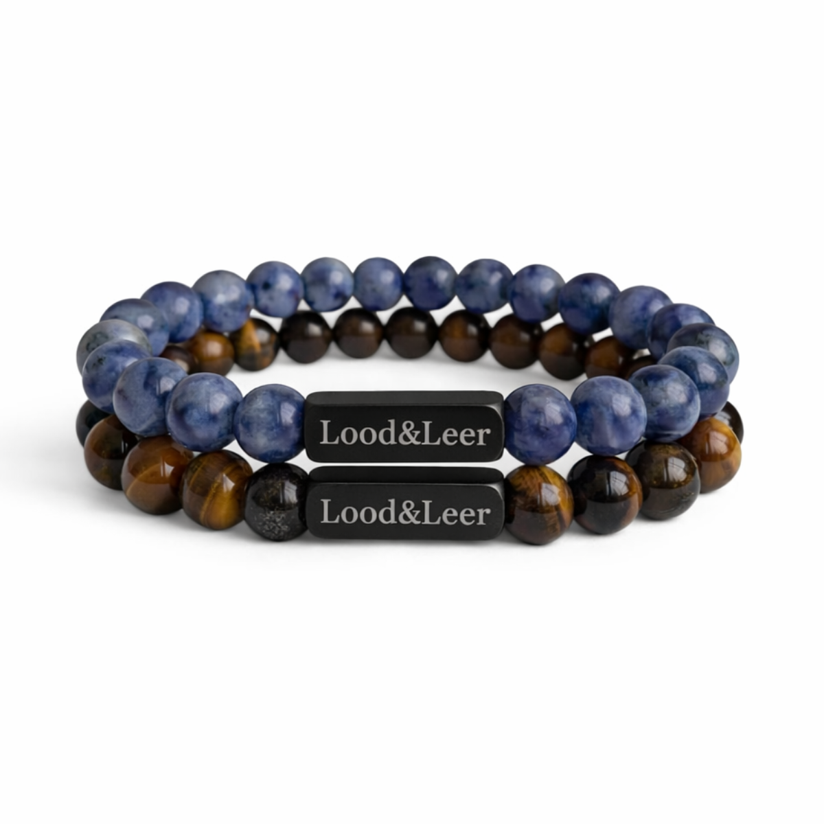 Armbanden set natuursteen Lood & Leer. Sodaliet en Tijgeroog. 