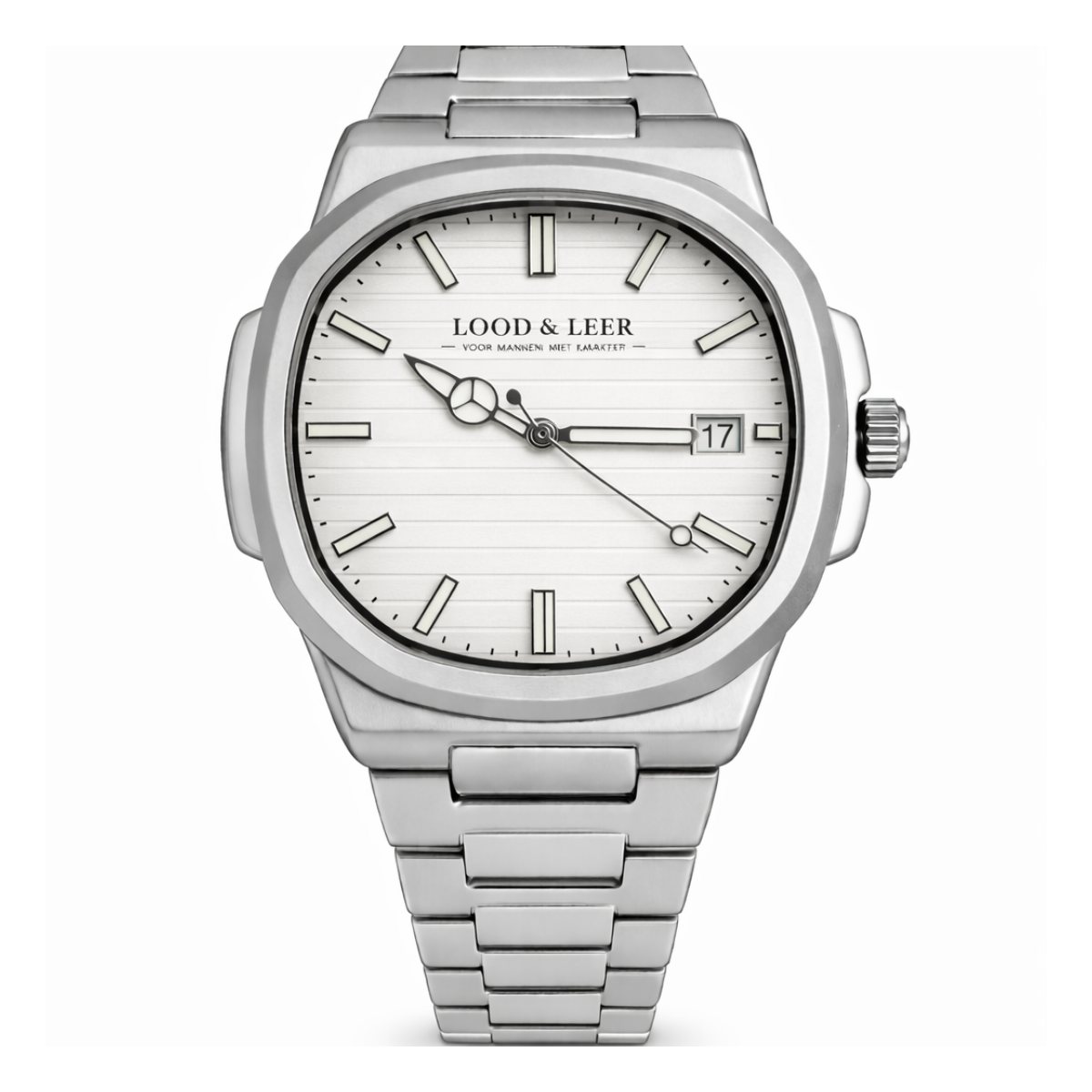 Heren horloge met witte wijzerplaat en datum markering van Lood en Leer