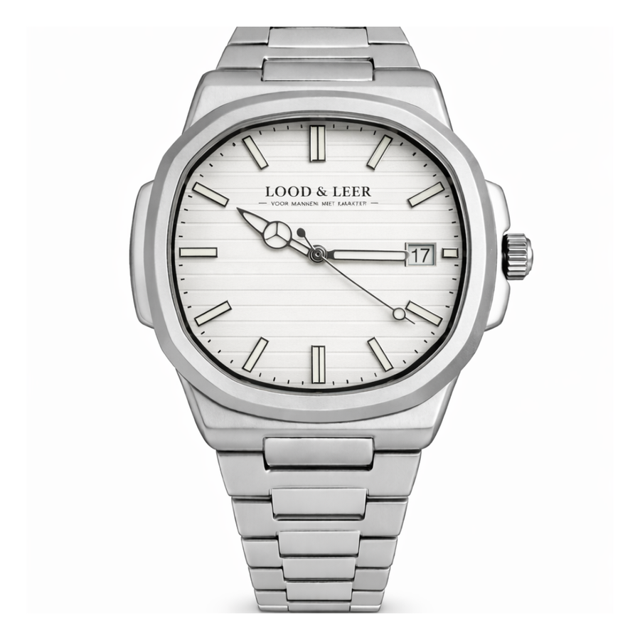 Heren horloge met witte wijzerplaat en datum markering van Lood en Leer