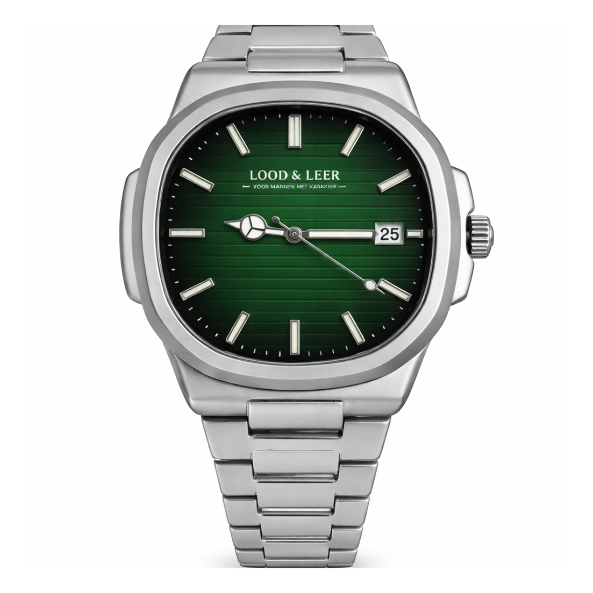 Heren horloge met groene wijzerplaat en datum markering van Lood en Leer