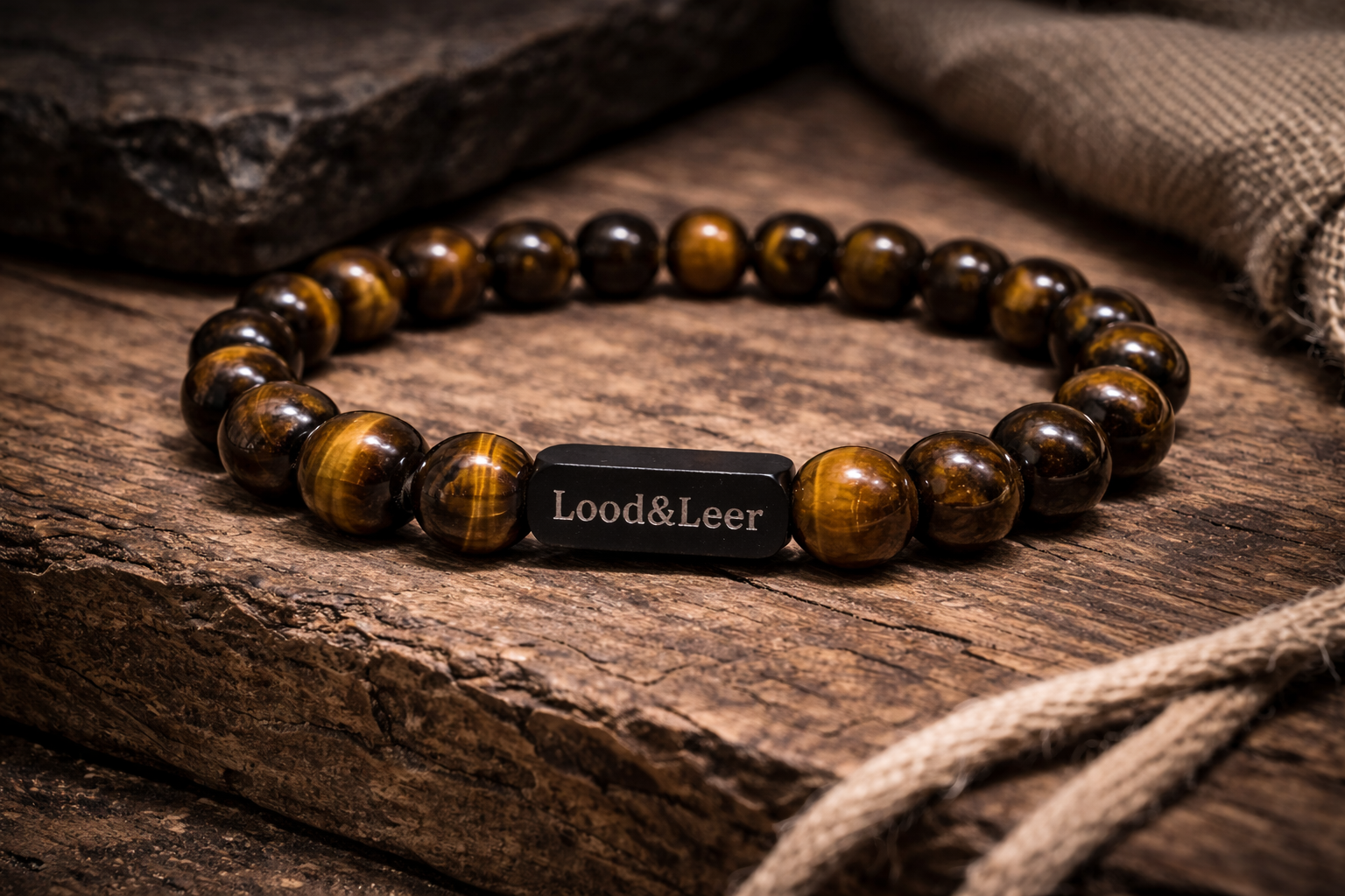 Tijgeroog herenarmband op houten ondergrond