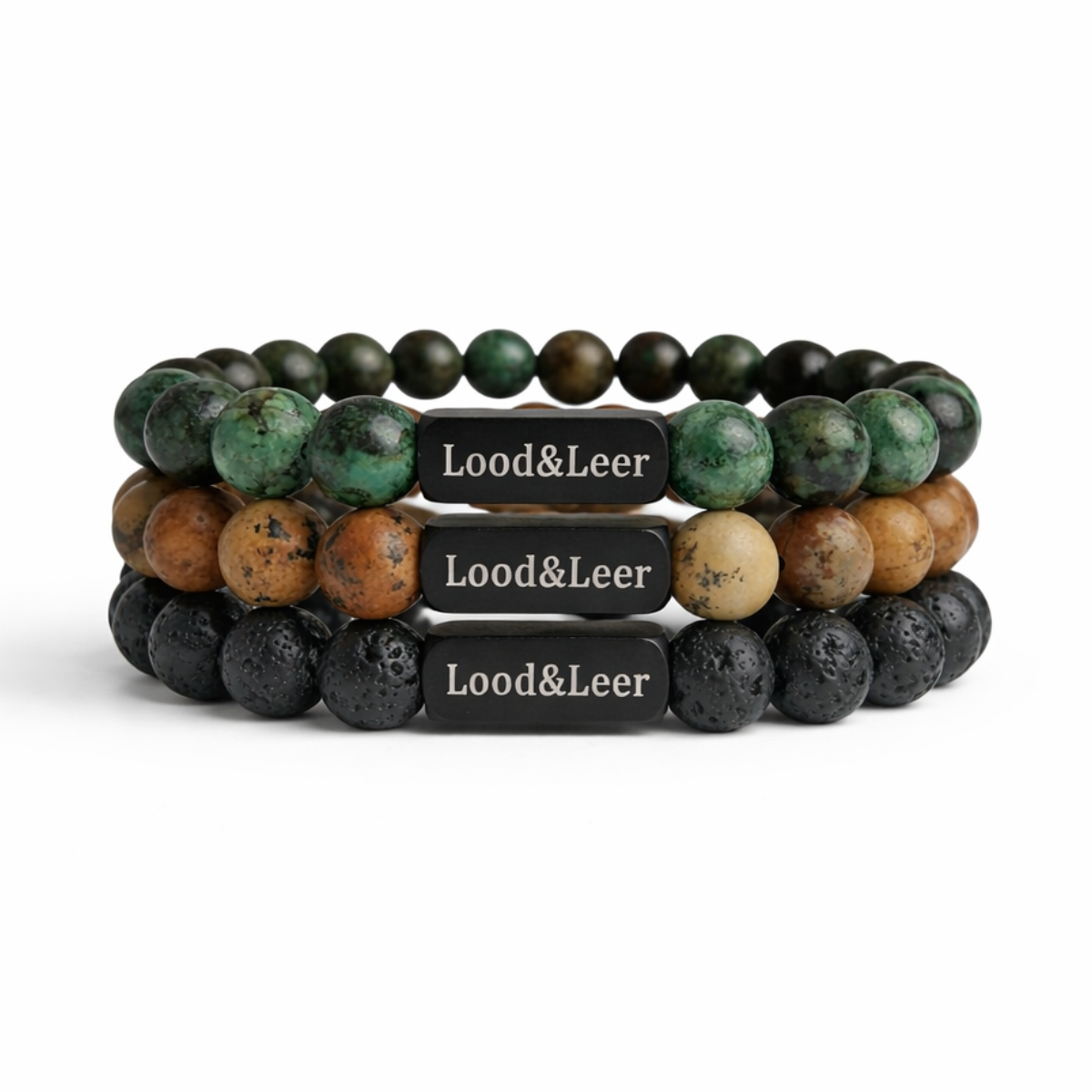 Earth Guardian Set – Groene Turkoois, Lava zwart & Jaspis bruin armbanden van Lood & Leer®