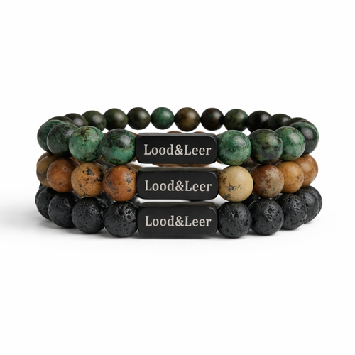 Earth Guardian Set – Groene Turkoois, Lava zwart & Jaspis bruin armbanden van Lood & Leer®