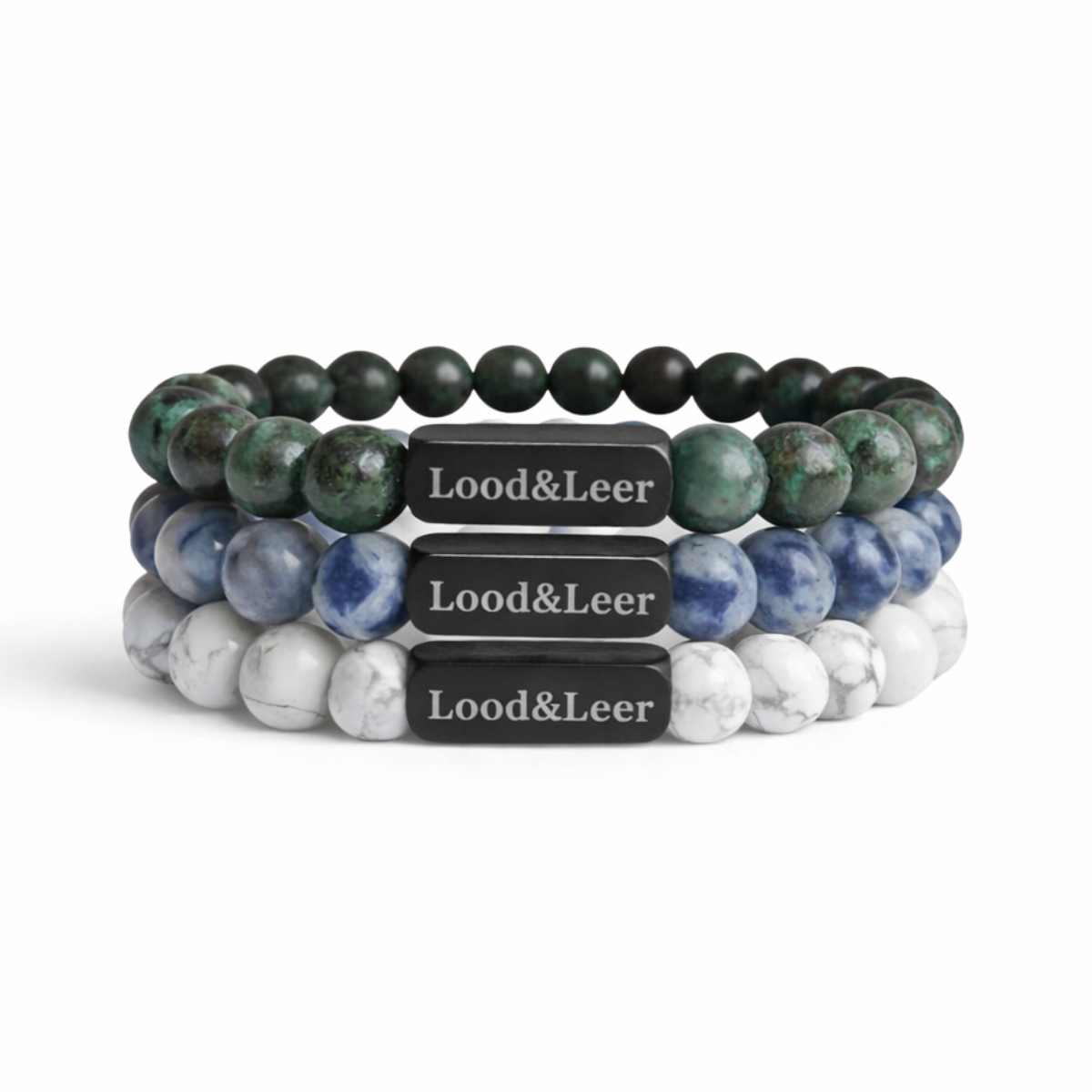 Mystic Ocean Set – Sodaliet, Groene Turkoois & Howliet wit armbanden van Lood & Leer®