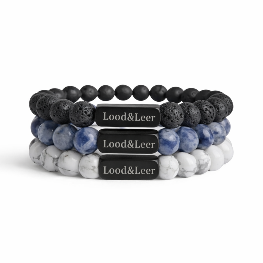 Nightfall Set – Lava zwart, Howliet wit & Sodaliet armbanden van Lood & Leer®