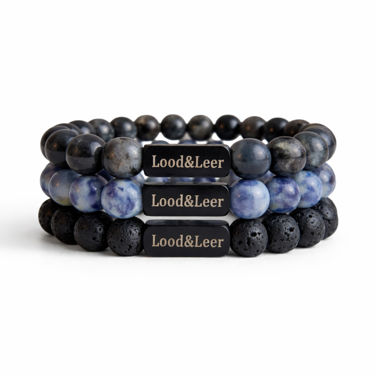 Shadow Legion Set – Lava zwart, Labradoriet donkergrijs & Sodaliet armbanden van Lood & Leer®