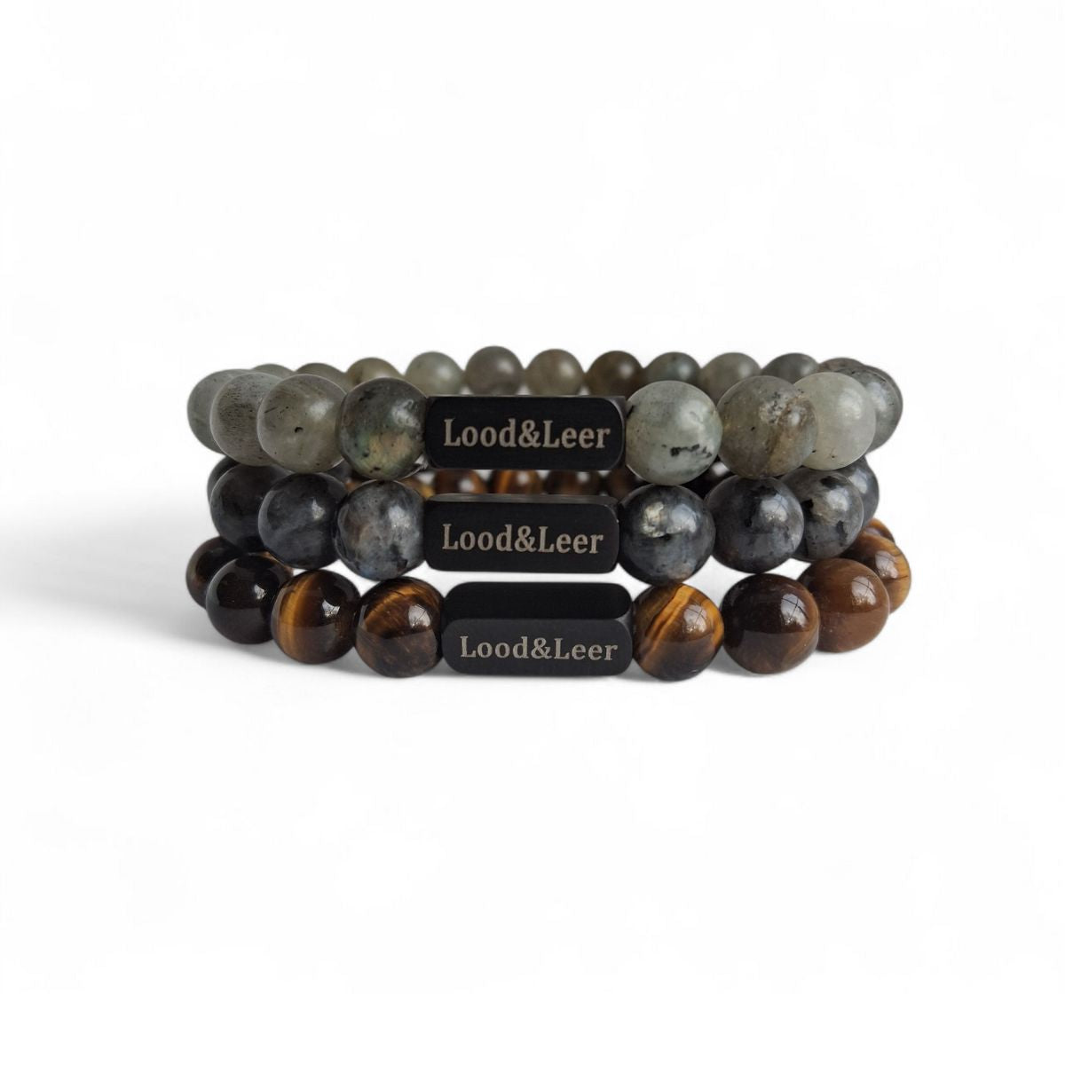 Stormbreaker Set – Labradoriet lichtgrijs, Tijgeroog & Labradoriet donkergrijs armbanden van Lood & Leer®