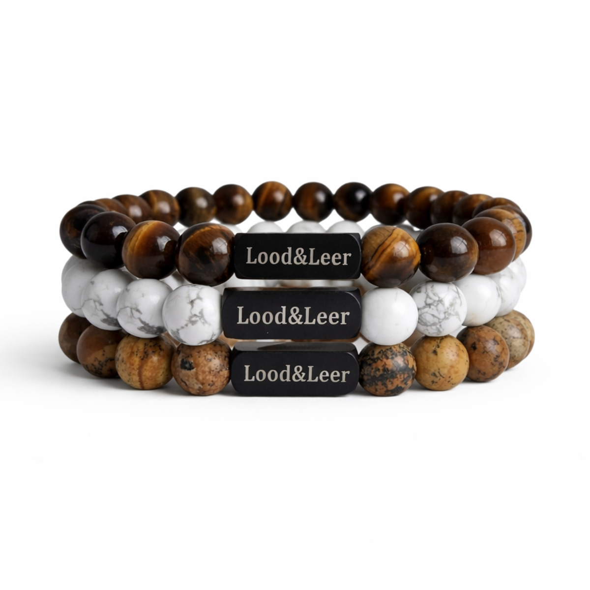 Sunfire Realm Set – Tijgeroog, Jaspis bruin & Howliet wit armbanden van Lood & Leer®