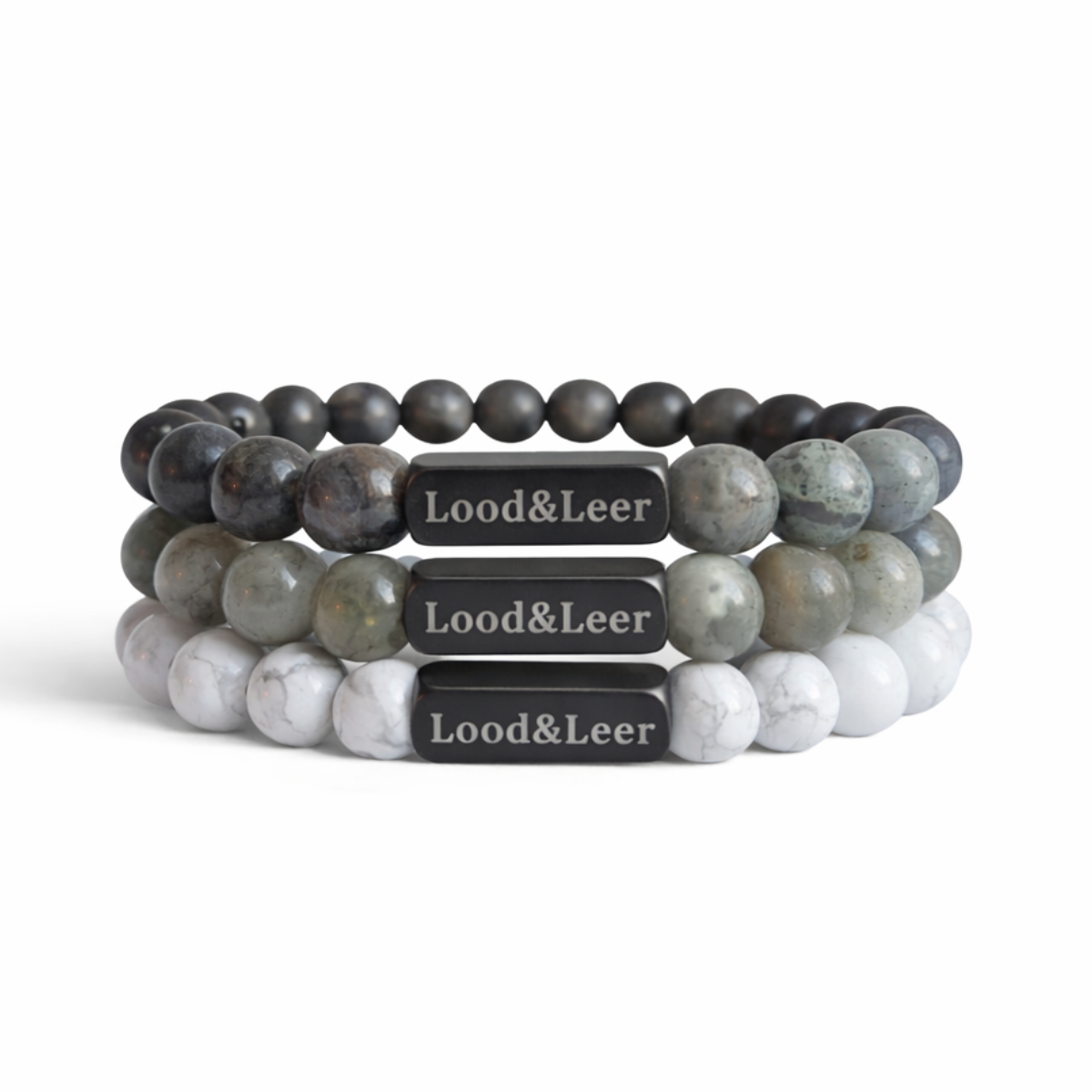 Twin Spirit Set – Labradoriet lichtgrijs, donkergrijs & Howliet wit armbanden van Lood & Leer®