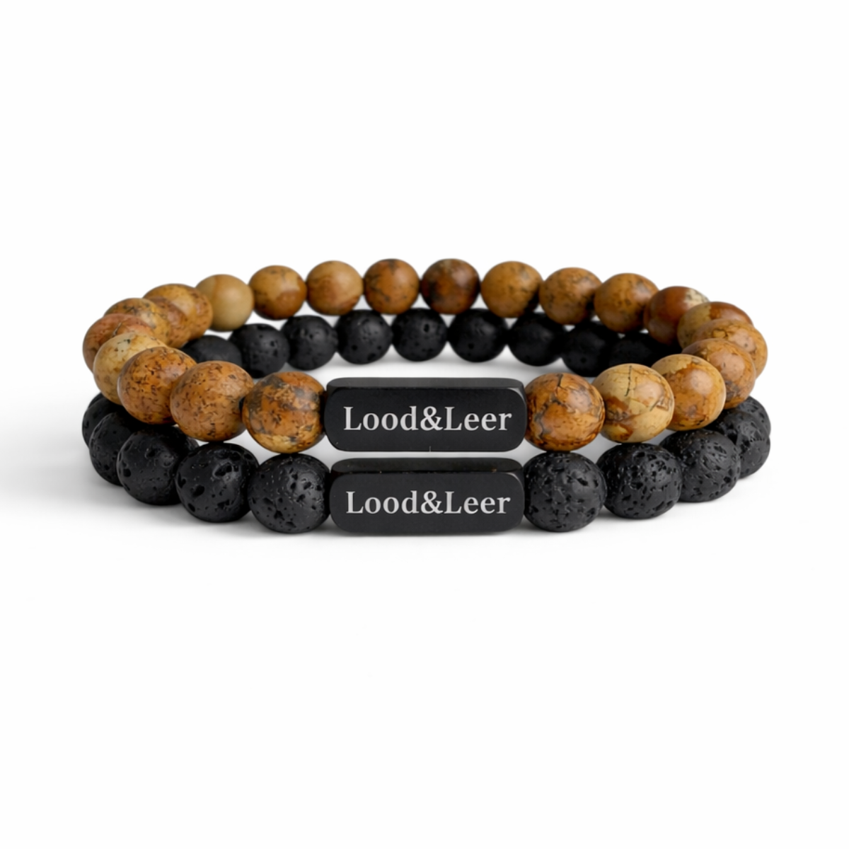 Armbanden set van Lood en Leer. Natuurstenen Jaspis en Lava. 
